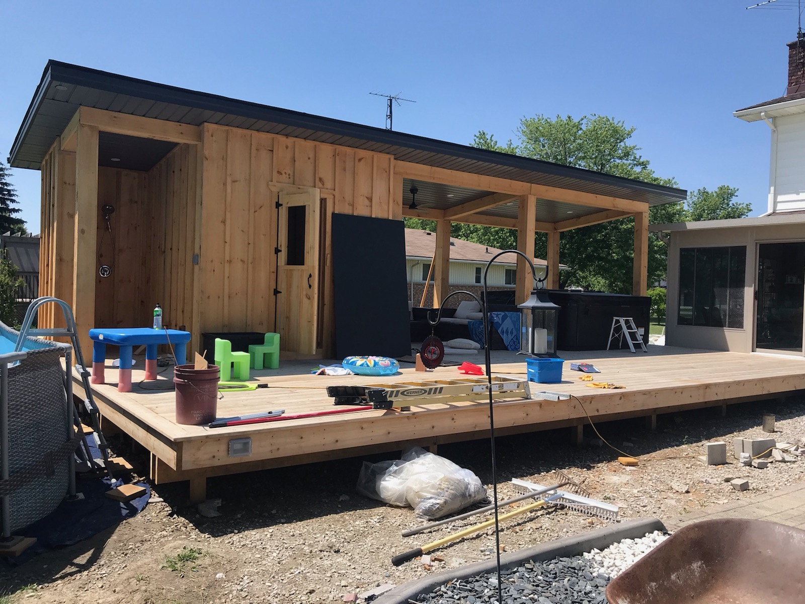 Backyard cabana structure and deck under construction